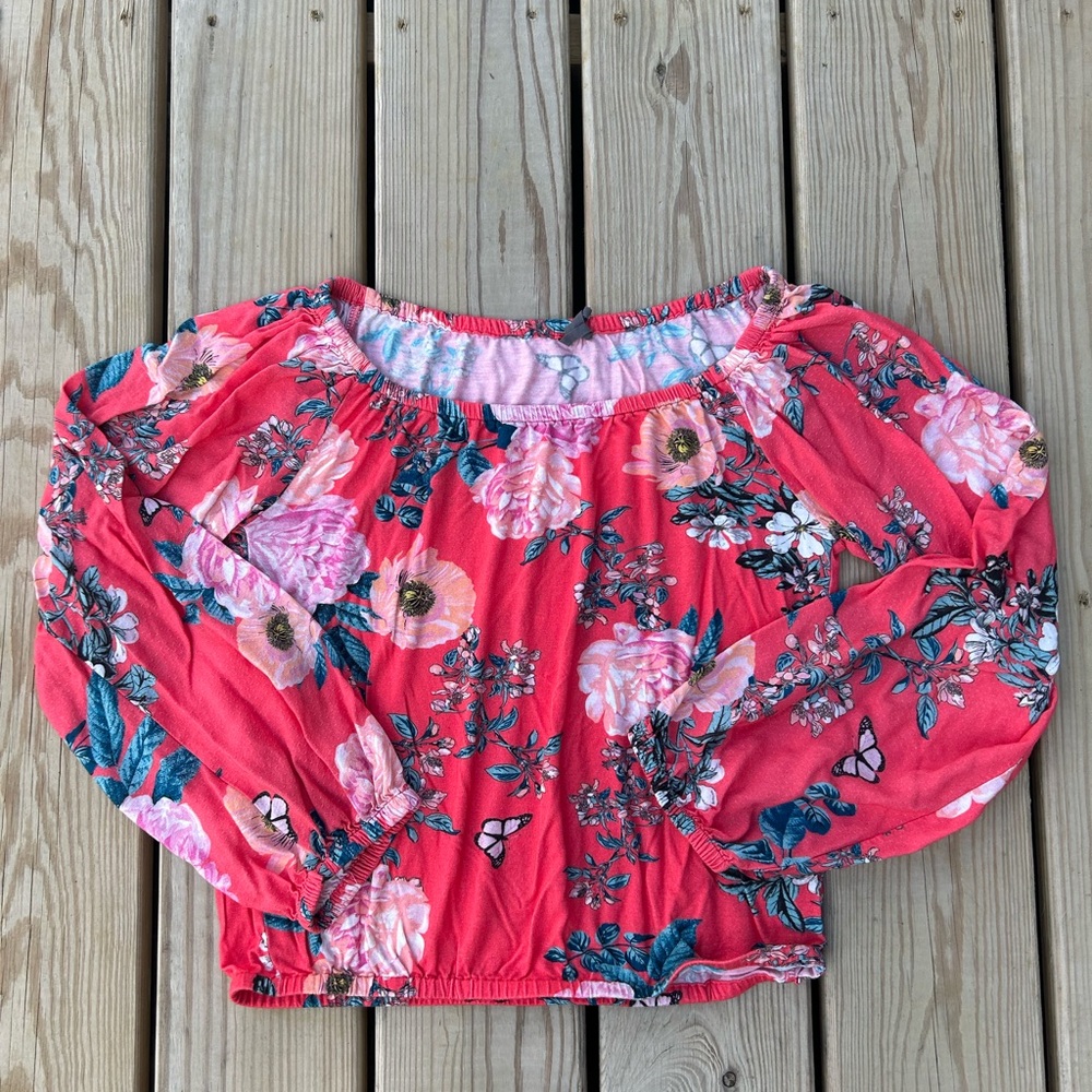 Anthropologie Off The Shoulder Floral Blouse Size XS Cropped‎ Elastic Boho